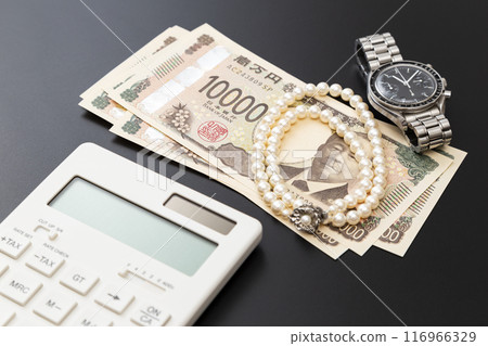 黑色背景上的珠寶和金錢 黑色背景上的珠寶和金錢 116966329