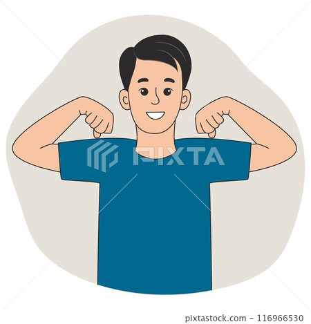 Satisfied man demonstrates self-confidence and pride in himself 116966530