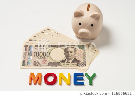 Piggy bank with new banknotes and 100,000 yen note with the word "money" 116966631