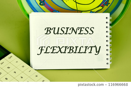 Copy space. Business flexibility symbol. Business flexibility concept a note written on a blank sheet of a notebook in a composition with a fragment of a calculator, an alarm clock 116966668