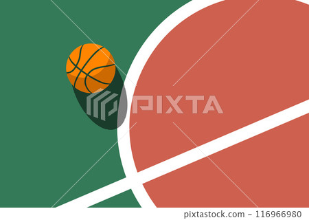 Ball on basketball court white line markings, view from above, poster with space for text,  vector 116966980