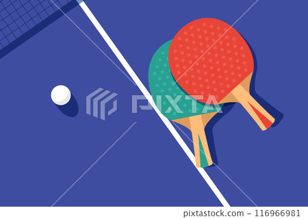 Ping-Pong poster, two rackets and ball for ping pong on table, table tennis competition, view from above, vector Ping-Pong poster, two rackets and ball for ping pong on table, table tennis competition, view from above, vector 116966981