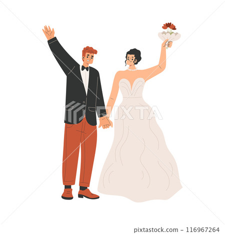 Marriage Couple with Man and Woman Bride and Groom Character Holding Hands Vector Illustration 116967264