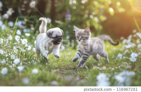 Pug puppy and kitten playing 116967281