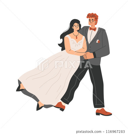 Marriage Couple with Man and Woman Bride and Groom Character Dancing Vector Illustration 116967283