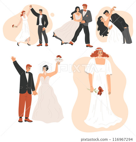 Marriage Couple with Man and Woman Bride and Groom Character Vector Set Marriage Couple with Man and Woman Bride and Groom Character Vector Set 116967294