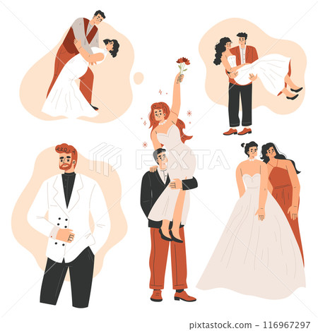 Marriage Couple with Man and Woman Bride and Groom Character Vector Set Marriage Couple with Man and Woman Bride and Groom Character Vector Set 116967297
