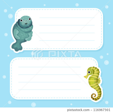 Cute Sea and Marine Seal and Seahorse Animal Swim in Ocean Note Card Vector Template 116967301