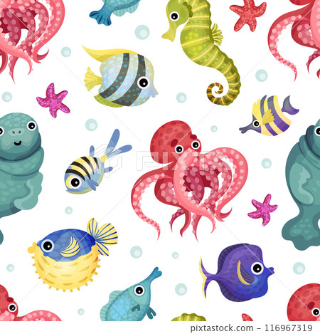Cute Sea and Marine Animal Swim in Ocean Seamless Pattern Vector Template 116967319