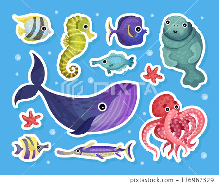 Cute Sea and Marine Animal Swim in Ocean Vector Illustration Set 116967329