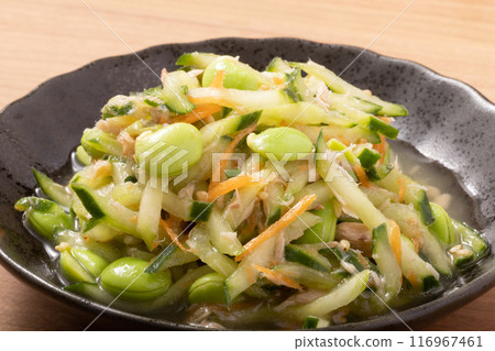 毛豆、黃瓜和胡蘿蔔配鮪魚醬 116967461