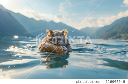 Hamster floating in the sea on a donut swim ring 116967646
