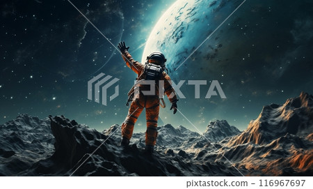 An astronaut stands triumphantly on the summit of a rough and rugged mountain 116967697