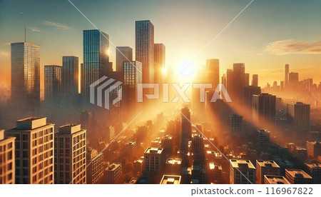 Buildings lit by the setting sun 116967822