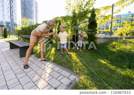 Mother Engaging With Her Two Sons While Playing Together at a Vibrant Playground on a Sunny 116967833