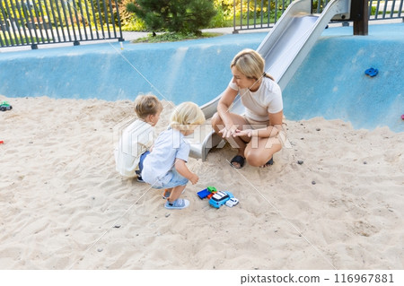 Mother Enjoys Quality Time Playing With Her Two Sons at the Playground During a Sunny Afternoon 116967881