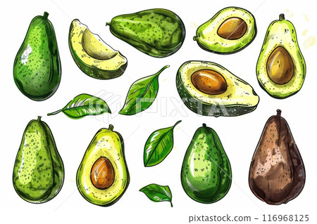 Illustration set of various ripe and fresh avocados with leaves on a white background. Generative AI 116968125