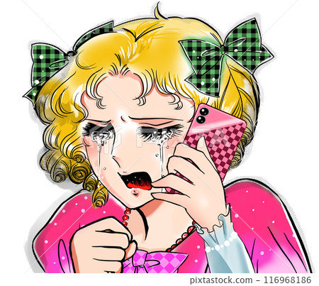 A 70s manga-style illustration of a young lady with blonde hair and vertical rolls crying over a broken heart, with a transparent background A 70s manga-style illustration of a young lady with blonde hair and vertical rolls crying over a broken heart, with a transparent background 116968186