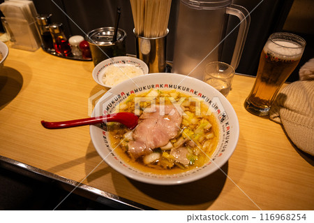 January 8, 2024: Osaka Shinza Ramen store interior scenery, food and Japanese sake, and a restaurant that is a specialty of the family. 116968254