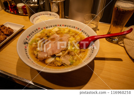 January 8, 2024: Osaka Shinza Ramen store interior scenery, food and Japanese sake, and a restaurant that is a specialty of the family. 116968258