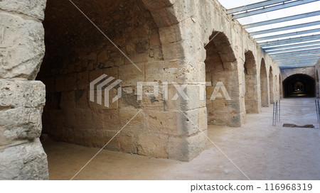 Underground passages at El Jem Amphitheatre and the waiting room for gladiators and animals waiting their turn [Tunisia] 116968319