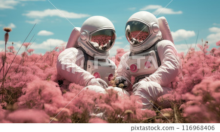 Two Astronauts Sitting in a Field of Pink Flowers 116968406