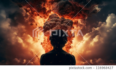 A dramatic man's face silhouette, with a powerful volcano erupting from his head, symbolizing explosive ideas and creativity 116968427