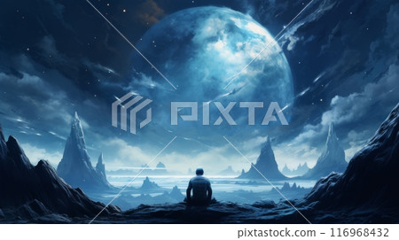 A lone individual mesmerized by the vastness of the night sky while perched on a solitary rock 116968432