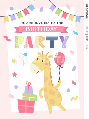 Childrens birthday invitation. Cute giraffe with gifts and balloon. Vector illustration template Childrens birthday invitation. Cute giraffe with gifts and balloon. Vector illustration template 116968546