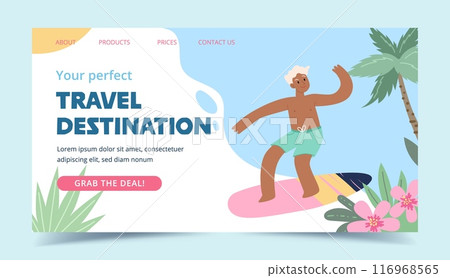 Summer vacation tickets landing page. Happy man surfing in the sea. vector illustration 116968565