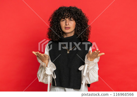 Irritated upset frustrated annoyed Caucasian woman quarreling asking reason of conflict problem 116968566