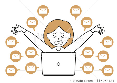 圖解素材:一位女士因大量電子郵件而感到困惑並舉起雙手。 圖解素材:一位女士因大量電子郵件而感到困惑並舉起雙手。 116968584