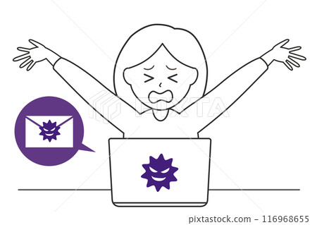 A simple line drawing of a woman worried and troubled by receiving a virus email on her laptop 116968655