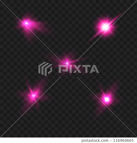Glowing purple starbursts with light trails on a transparent background. Vector 116968665