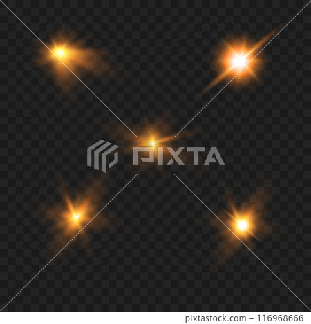 Glowing orange starbursts with light trails on a transparent background. Vector 116968666