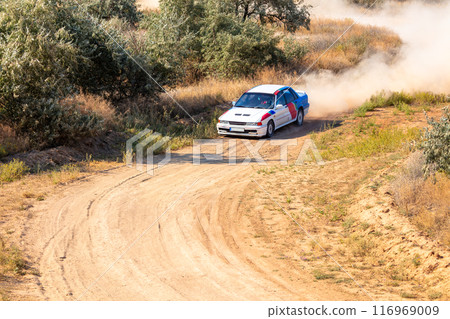 White Rally Car on Dirt Track White Rally Car on Dirt Track 116969009