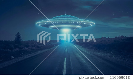 Alien Spaceship Flying Over Highway at Night 116969018