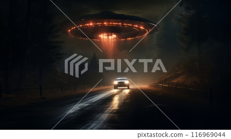 A car drives on a road while a flying saucer hovers above it 116969044