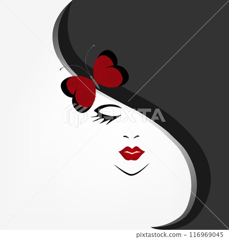 Black and white background with a girl in a hat and a butterfly. 116969045