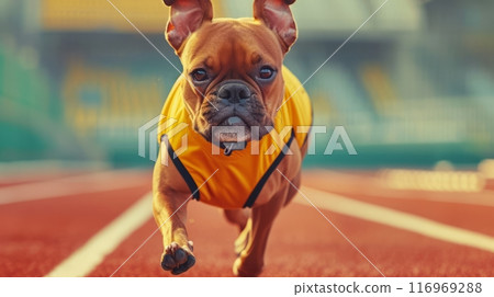 Small Dog in Yellow Shirt Running on Track 116969288