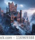 Abandoned Castle and Winter Dawn in the Mountains. AI Generated 116969388
