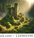 Castle Overgrown with Moss and a Forest Sunset. AI Generated 116969390