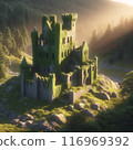 Sunset in Wooded Mountains and Abandoned Castle. AI Generated 116969392