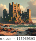 Abandoned Castle and Sea Surf. AI Generated 116969393