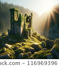 Sunset in a Rocky Forest and an Abandoned Castle. AI Generated 116969396