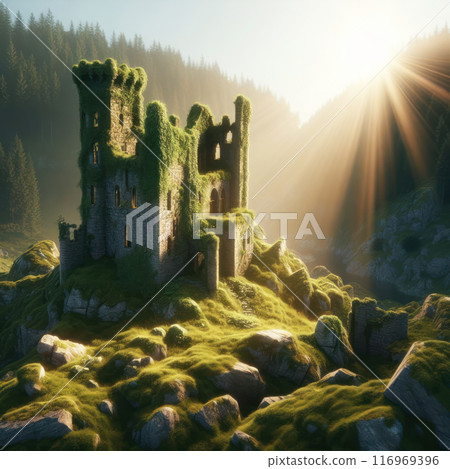 Sunset in a Rocky Forest and an Abandoned Castle. AI Generated 116969396