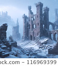 Snowfall and Ruins of an Abandoned Castle. AI Generated 116969399
