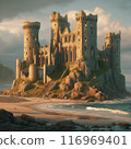 Abandoned Castle and Evening Sea Surf. AI Generated 116969401