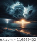 Sea Dawn and Lightning. AI Generated 116969402