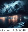 Night Rocky Coast and Lightnings. AI Generated 116969403